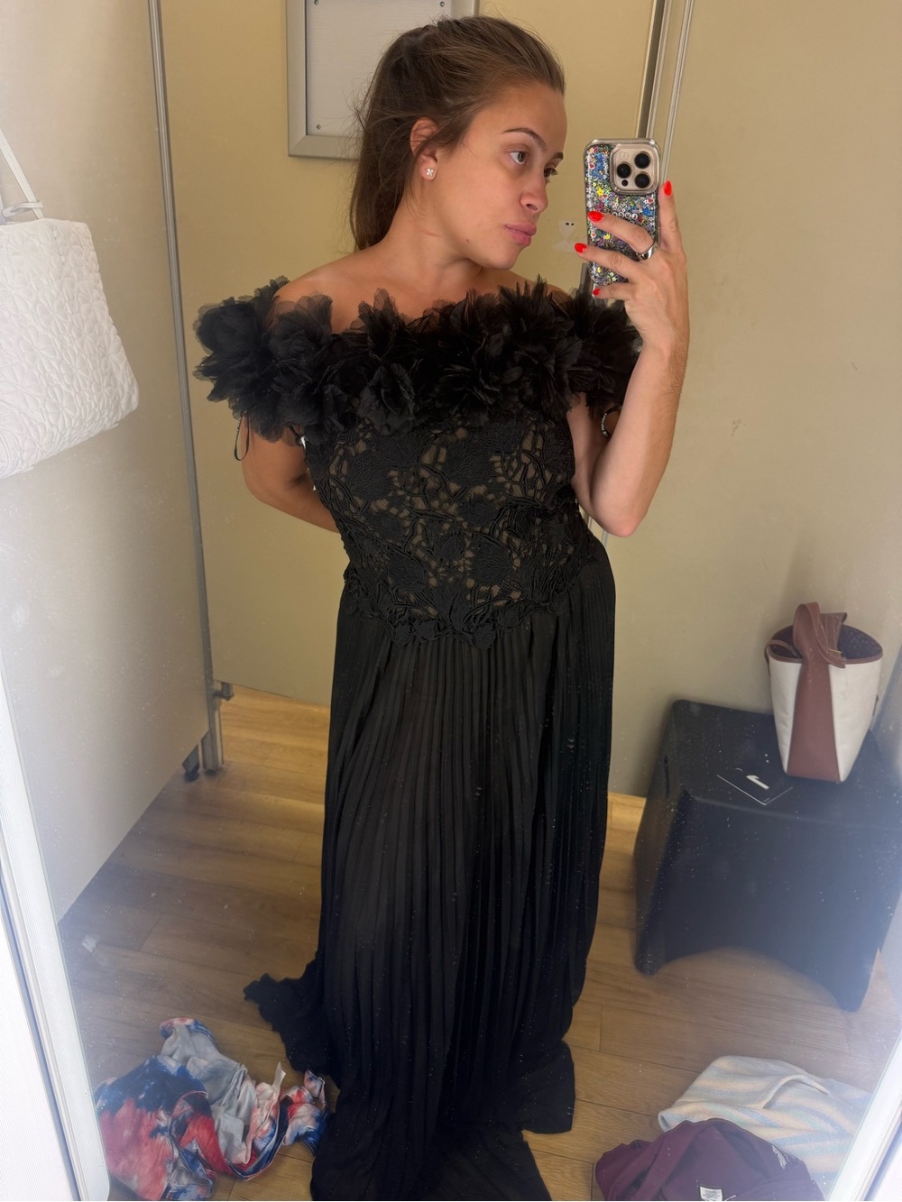 Tadashi Shoji Black Off-Shoulder Floral Ruffle Gown with Pleated Skirt